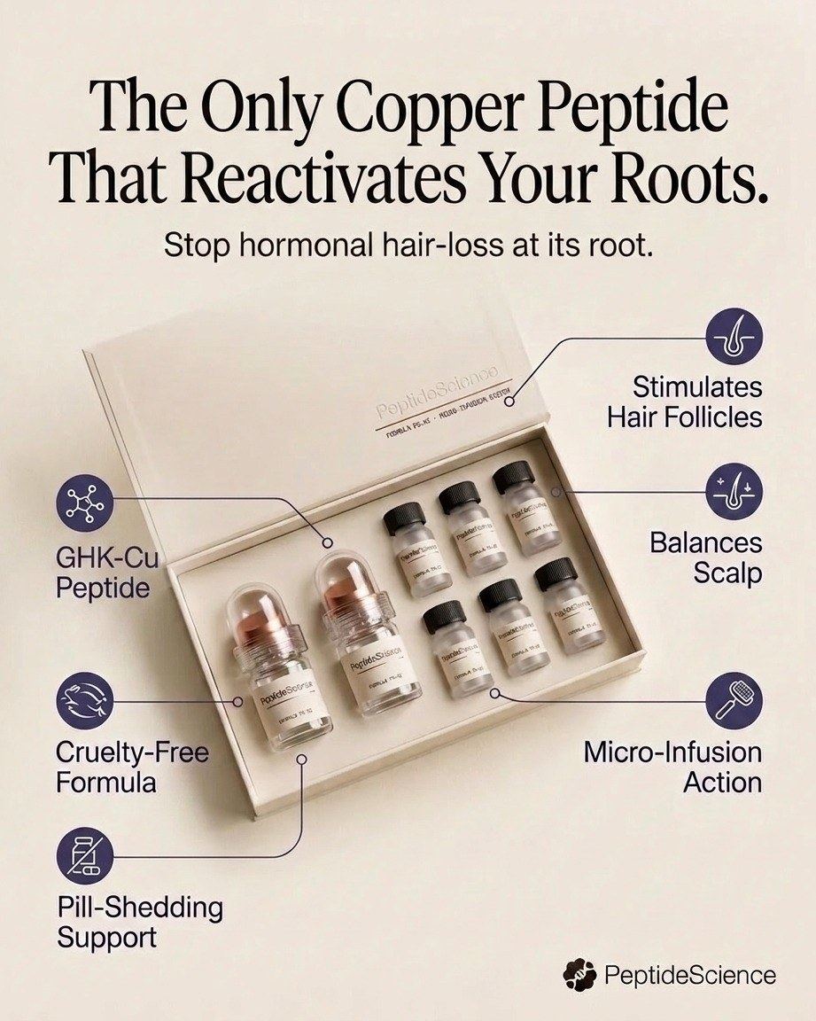 PS-02 hero ad — the only copper peptide that reactivates your roots: the micro-infusion kit with benefit callouts