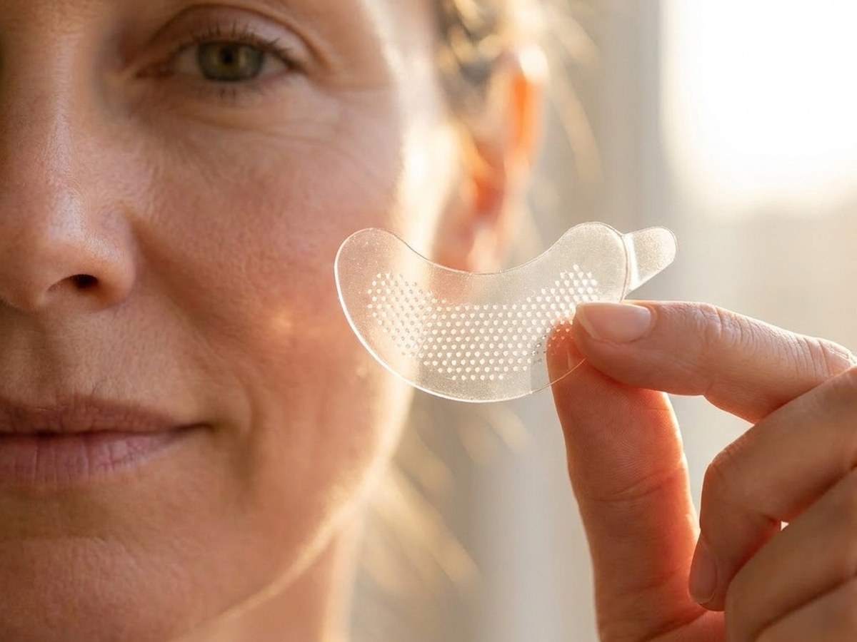 Step 3 — the peeled patch held to the morning light, intact and residue-free, clean skin behind it