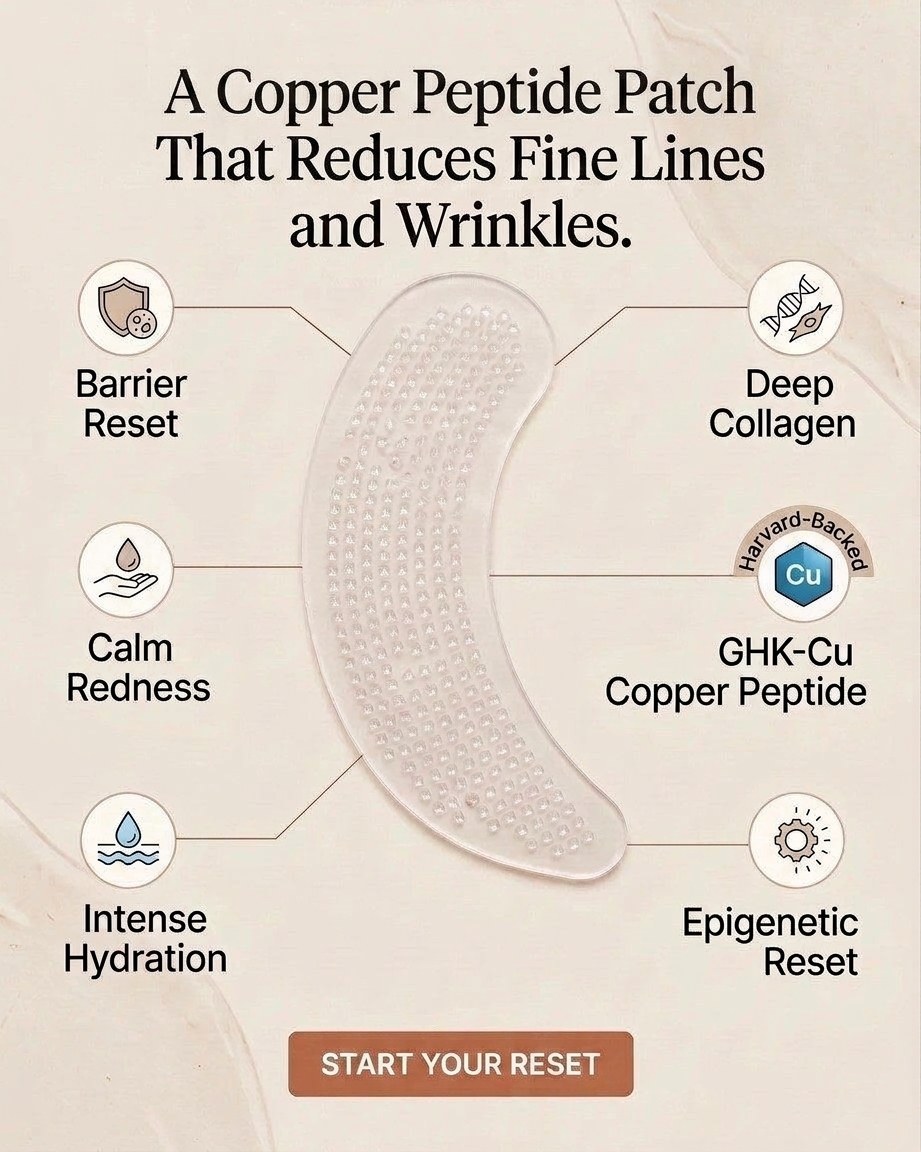 PS-01 hero ad — a copper peptide patch that reduces fine lines and wrinkles: the clear crescent patch with six benefit icons