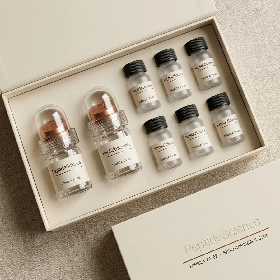 PeptideScience FORMULA PS-02 Peptide Root Activator — GHK-Cu scalp micro-infusion kit with 2 stamp applicators and 6 ampoules